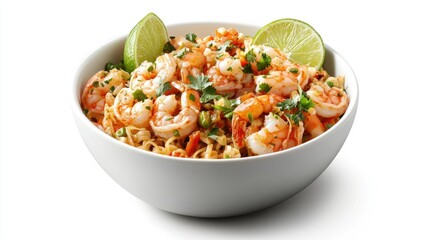 A fresh bowl of spicy tom yum noodles, topped with shrimp, lime wedges, and herbs, set against a white background to emphasize the colorful toppings.