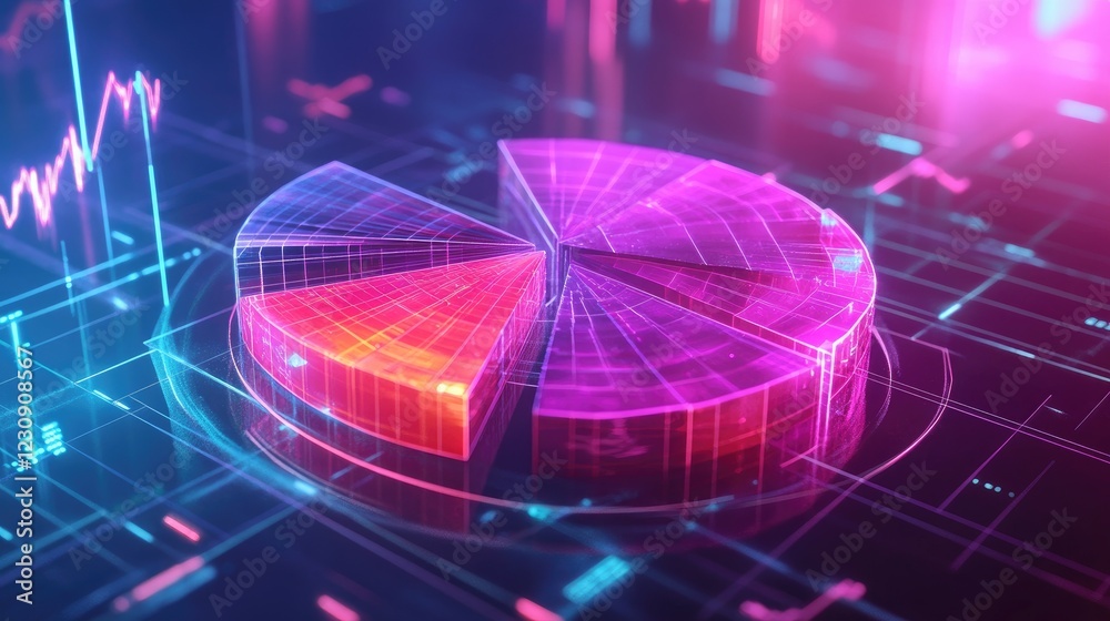 Poster a futuristic d pie chart with segmented pieces, each representing a different percentage of data, fl