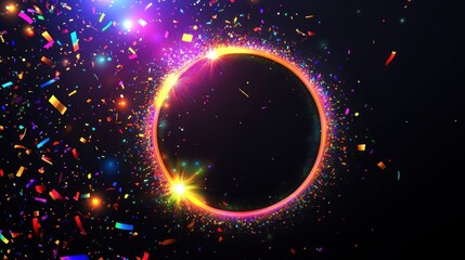 Abstract circle with vibrant confetti and glowing light effects in dark space background