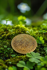 Macro Shot of a Shiny Gold Coin on Green Moss with Clovers &ndash; Detailed and Elegant vertical photo