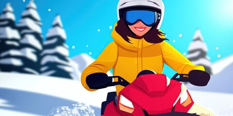 2D animation woman on snowmobile