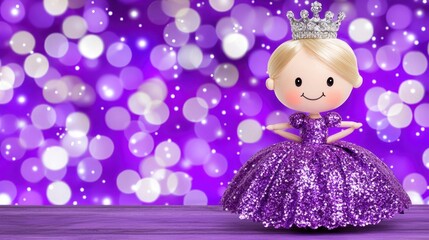 Fototapeta premium Purple princess doll on wood, bokeh background, celebration
