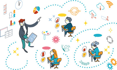 教室で授業をするICT教育の講師と生徒とシンボリックなアイコン　セットのストックイラスト素材		
