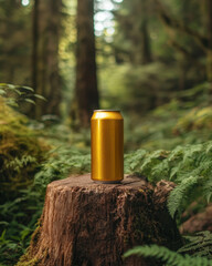 Fototapeta premium golden can of energy drink stands on stump in lush forest, surrounded by greenery and ferns, creating vibrant and refreshing atmosphere