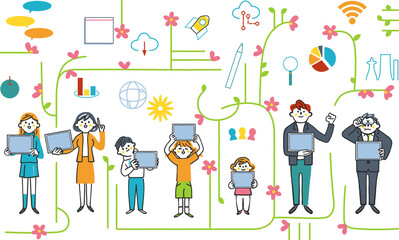 ICT教育とネットワークで繋がる人々　ITのシンボリックなアイコンのセットのストックイラスト素材
