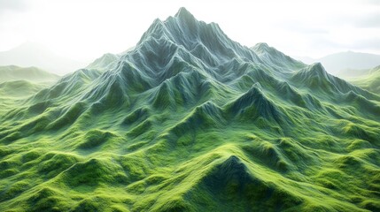 Stylized mountain terrain with lush greenery and flowing valleys. Generative AI
