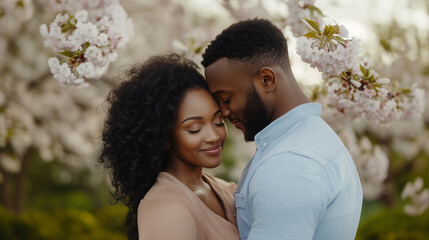 Fototapeta premium romantic couple embracing under blooming cherry blossoms, radiating love and joy.