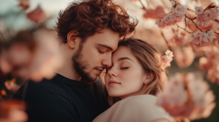 Fototapeta premium Couple embracing in romantic moment surrounded by cherry blossoms, capturing love and tenderness in serene setting.