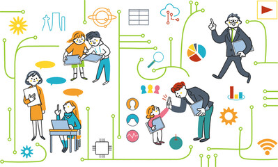 ICT教育とネットワークで繋がる人々　ITのシンボリックなアイコンのセットのストックイラスト素材
