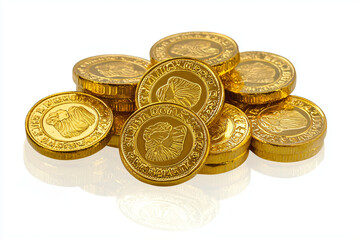 Stacked Shiny Golden Coins on Reflective Surface, Isolated on White Background