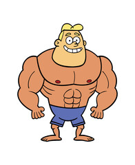 Cartoon Strongman Character in Blue Shorts