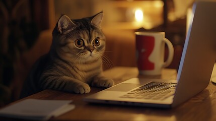 A curious cat with large eyes intently watching a laptop screen while sitting on a wooden table, with a cozy ambiance created by candlelight in the background and a mug nearby