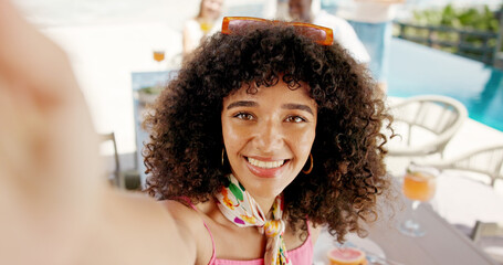 Happy woman, portrait and vacation with selfie for holiday memory, travel or trip at luxury resort....