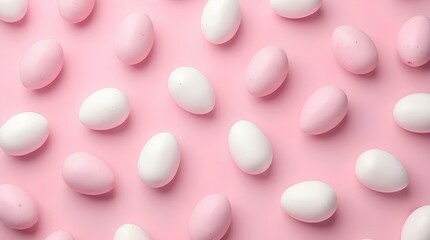 Pattern of pink and white Easter eggs over pink background for decorative traditional april easter day holiday celebration, seasonal colorful banner, AI topview