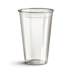 Clear plastic cup, empty, isolated on white background.