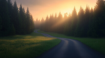 Obraz premium winding road through serene forest at sunrise, surrounded by tall trees and soft grass. warm light creates peaceful atmosphere.