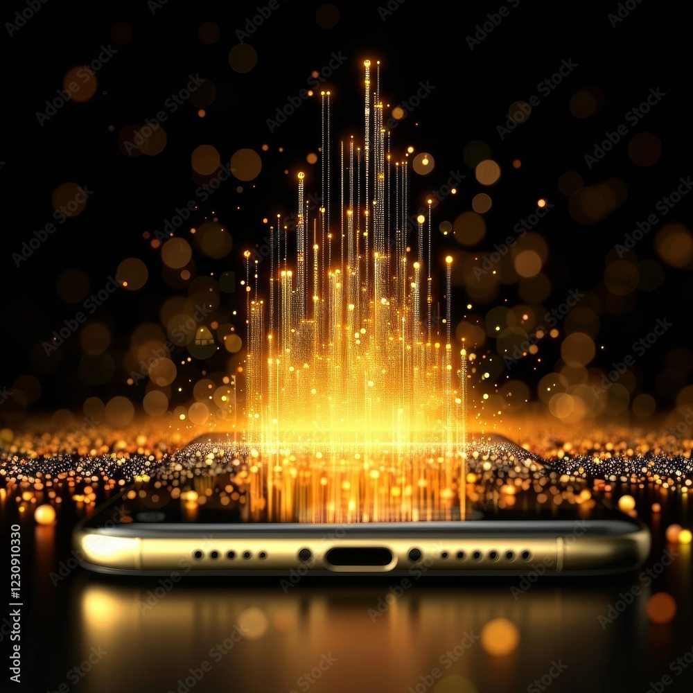 Poster a smart device rests on a sleek surface, emanating golden beams of light and sparkling particles in 