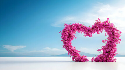 Pink Flower Heart Shape Against Blue Sky and Ocean