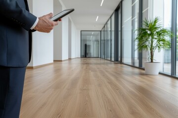 Male adult in modern office hallway with tablet and potted plant