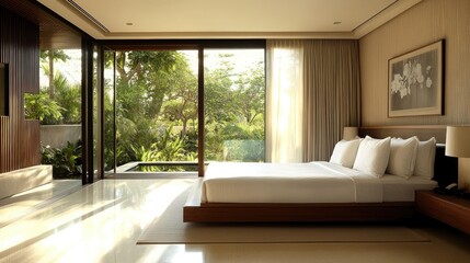 Obraz premium A modern, minimalist bedroom with a platform bed, sparse decor, and a large sliding glass door leading to a private outdoor space, emphasizing tranquility.