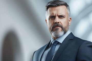 Mature caucasian male in formal suit with confident expression in modern setting