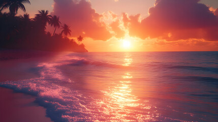 Obraz premium Vibrant Tropical Sunset Over Ocean Beach