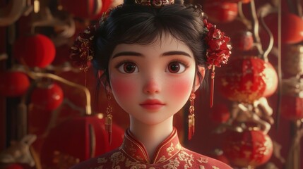 Obraz premium Portrait of a Young Woman in Red Festive Attire Amidst Red Lanterns