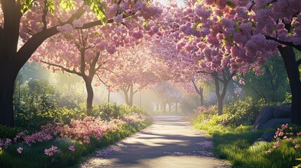 Naklejka premium A picturesque view of cherry blossoms lining a pathway, with a soft sunlight filtering through the flowers and creating a beautiful, tranquil spring scene.
