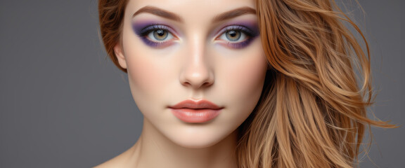 Fototapeta premium Beautiful young woman with a confident expression wearing colorful makeup against a neutral background