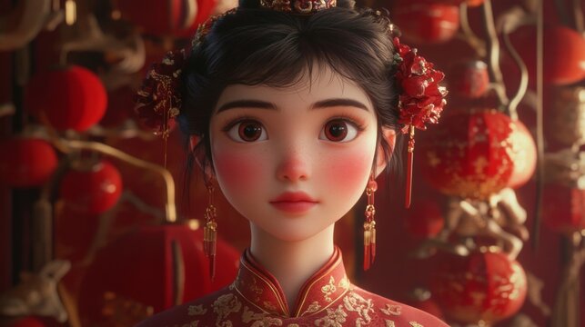 Portrait of a Young Woman in Red Festive Attire Amidst Red Lanterns