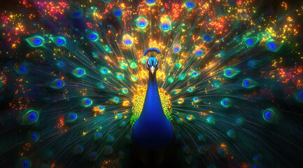 majestic peacock displays its vibrant, colorful feathers, creating stunning visual spectacle. intricate patterns and bright hues evoke sense of wonder and beauty in nature