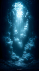 Underwater Scene With a Beam of Light Piercing Through Dark Blue Waters
