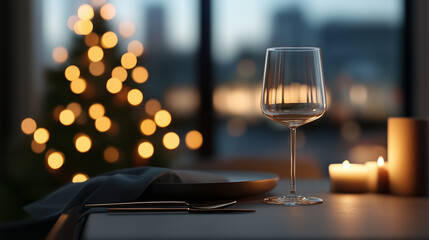Elegant dining setup with wine glass, candles, and Christmas tree.