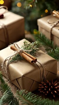 Festive holiday gift wrapping with cinnamon sticks and pine decorations closeup
