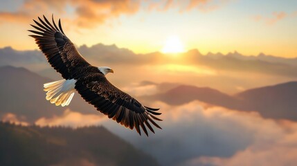 Fototapeta premium Majestic Eagle Soaring Over a Mountain Range at Dawn