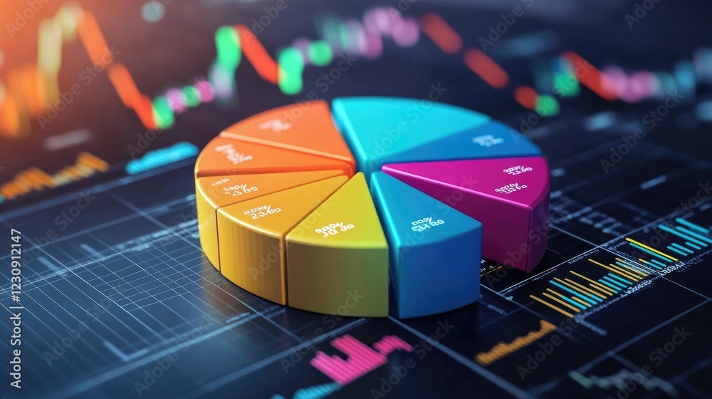 Poster a segmented d pie chart with colorful pieces, each labeled with financial data, set on a digital pla
