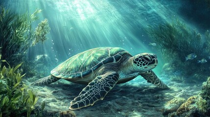 Obraz premium A serene underwater scene of a sea turtle resting on the ocean floor among seaweed and small marine creatures, capturing the peacefulness of the underwater world.