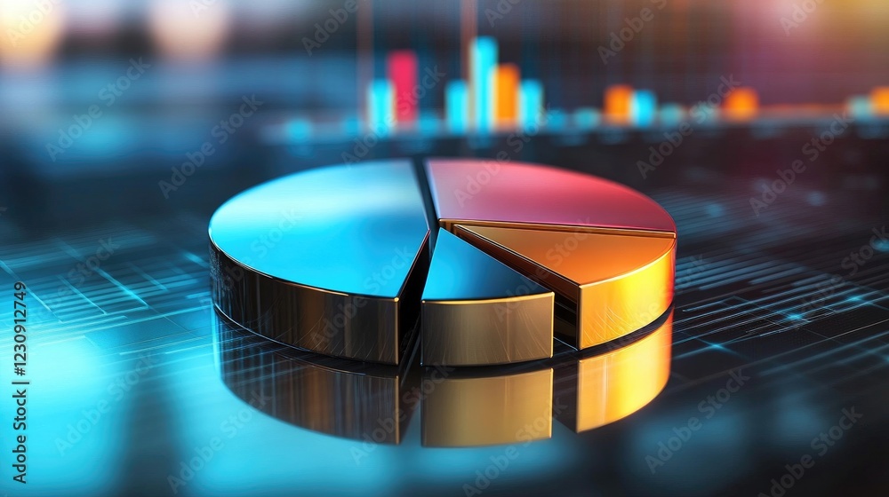 Poster a sleek, metallic d pie chart with separated sections, hovering over a reflective surface with data 