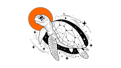 Cosmic Space Turtle in Minimalist Line Art