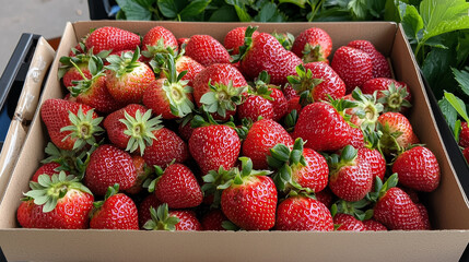  A box of ripe, fresh strawberries with green leaves, ready for sale at a local market or grocery store.