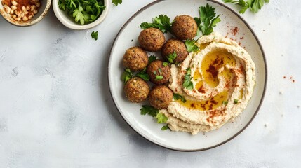 Falafel balls served with hummus and parsley garnish