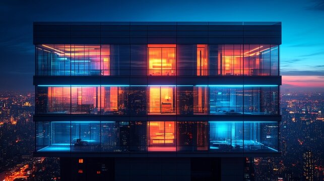 Futuristic city building with glowing lights and high-tech windows at night. Generative AI