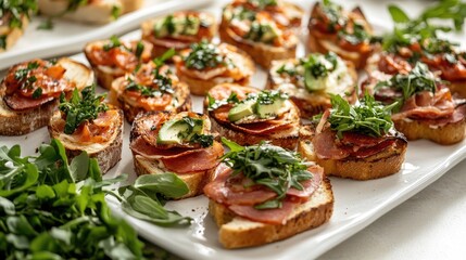 A stylish arrangement of several toasted sandwiches with different fillings, like ham and cheese and turkey and avocado, presented on a white platter with fresh greens.
