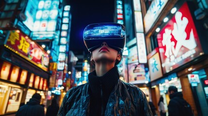 Fototapeta premium Woman exploring VR in neon city