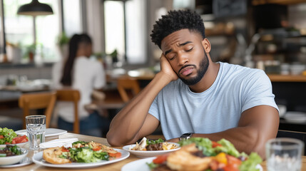 A man looks bored and uninterested, surrounded by untouched food at a restaurant table.