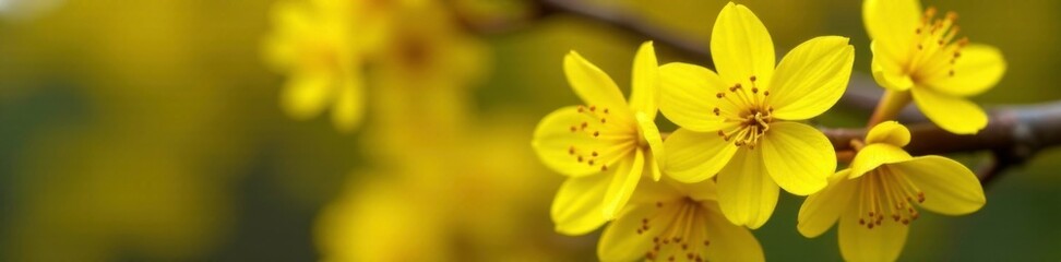 Yellow flowers blooming on a forsythia bush in early spring, blossoms, garden flowers, spring