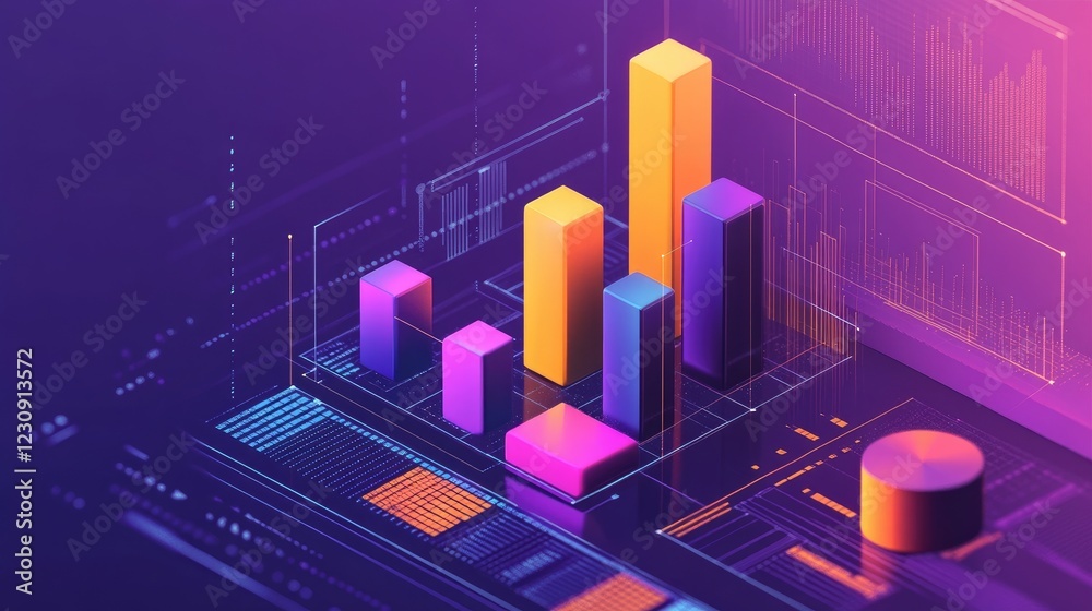 Poster a stylized d bar chart emerging from a digital interface, showcasing real-time data updates and anal