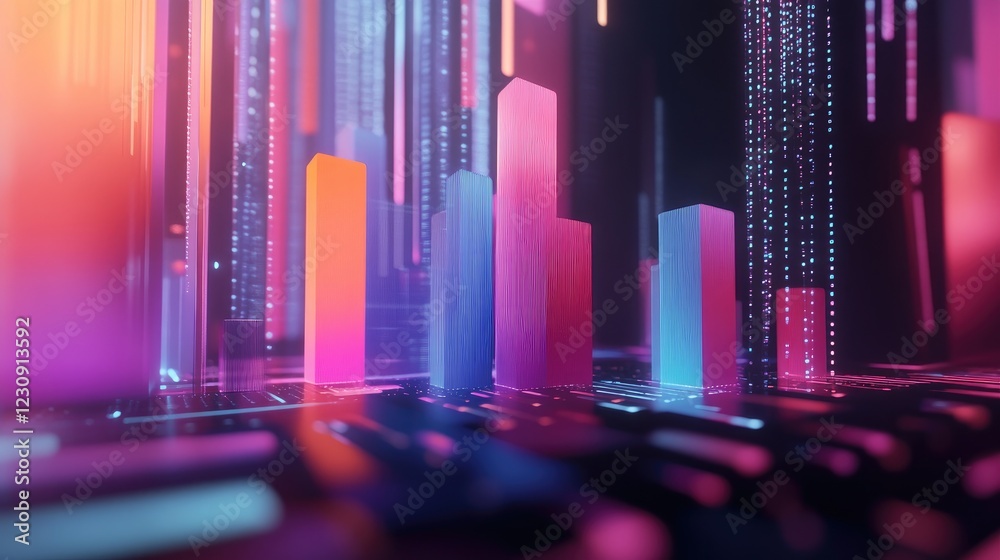 Poster a stylized d bar chart emerging from a digital interface, showcasing real-time data updates and anal