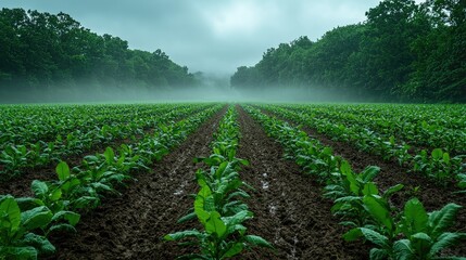 Obraz premium Lush Green Tobacco Field Foggy Morning Landscape