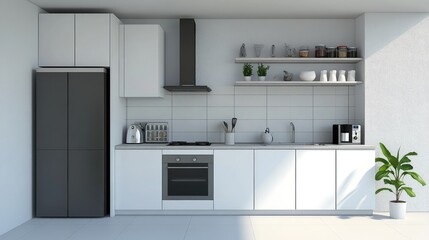 Fototapeta premium A stylish minimalist kitchen with sleek cabinetry, a clean countertop, and modern appliances, showcasing an uncluttered design that emphasizes functionality and simplicity.